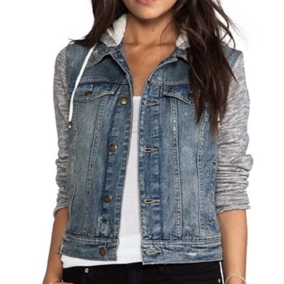 Free People Distress Denim and Knit Hoodie - Small